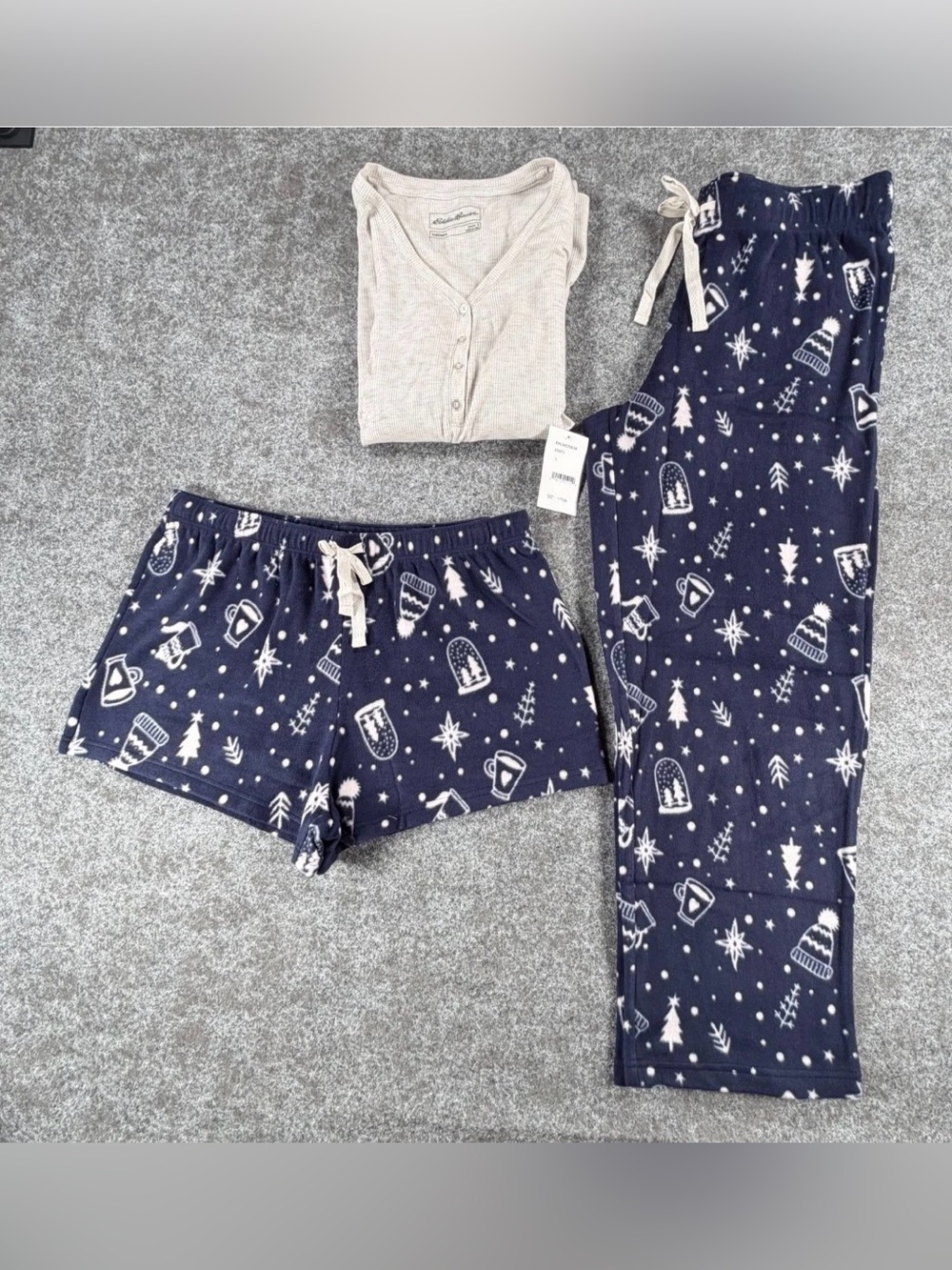 Eddie Bauer Women’s Navy Winter Print Pajama Set with Beige Tank -3pc set